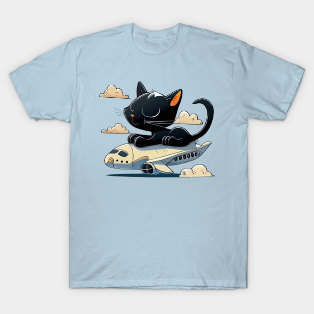 Funny Black Cat is Flying on the Plane T-Shirt by KOTOdesign